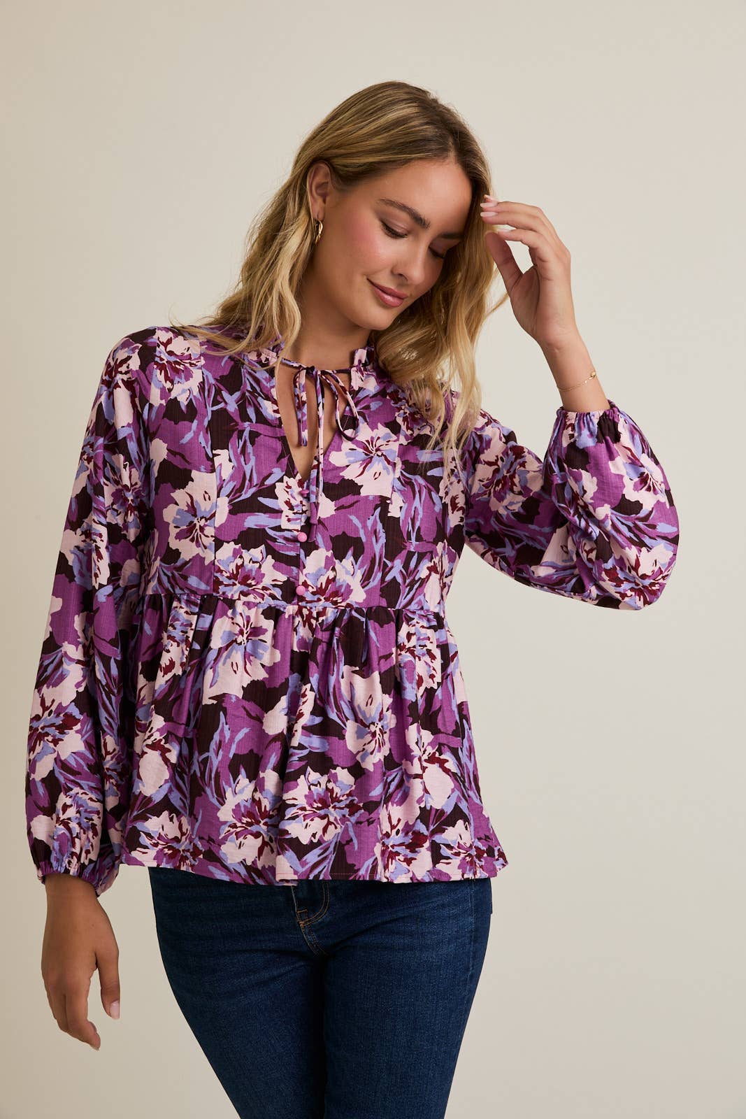 LAVENDER MULTI MOCK NECK FRONT TIE LONG SLEEVE TOP for wholesale on Faire0