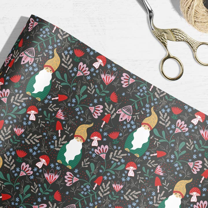 Amicreative - Wholesale Wrapping Paper Roll - Gnome & Mushroom Wrapping Paper – 3 Rolls (3 Sheets Each)1