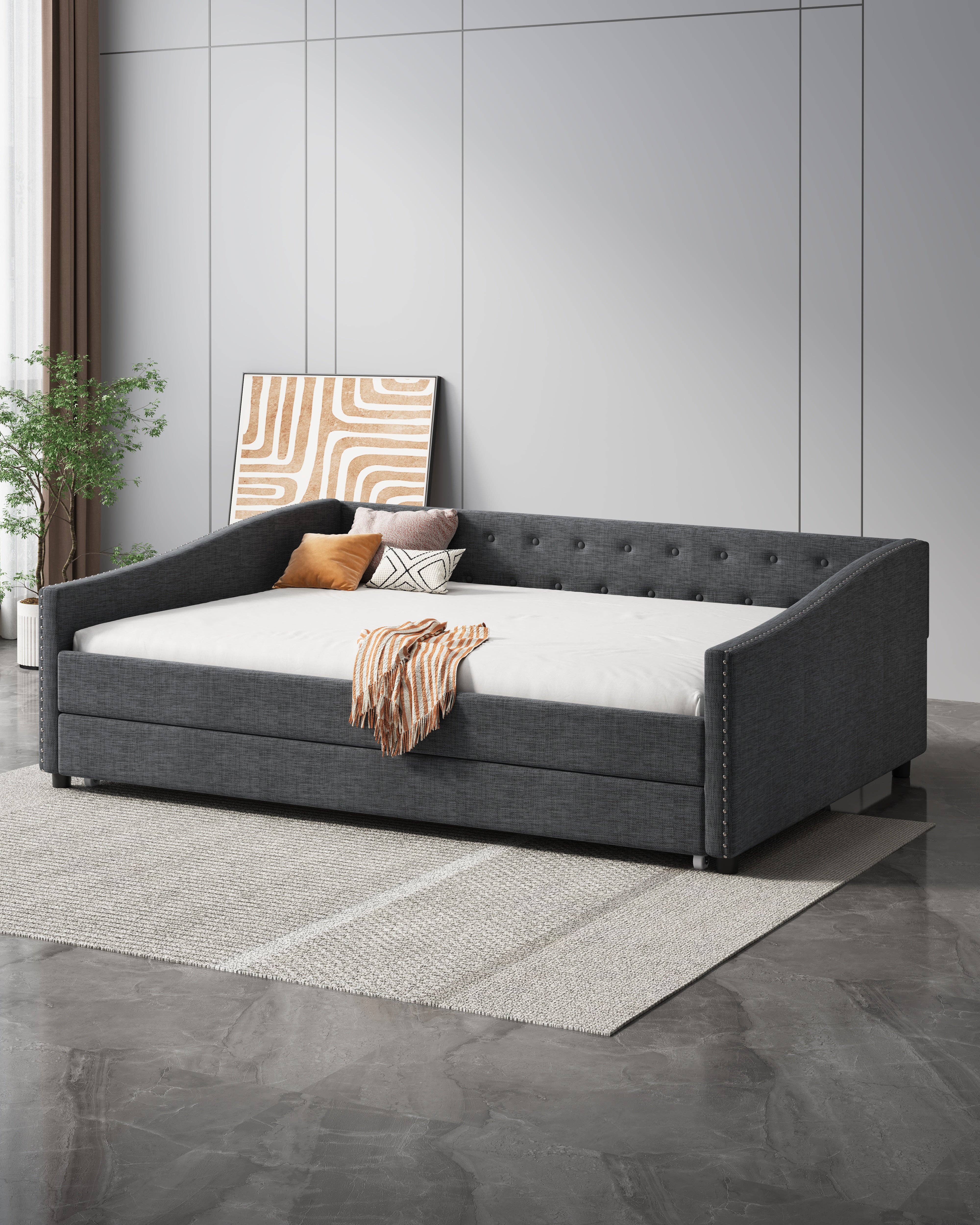 Orange County Decor - Wholesale Sofa - Full Size Daybed With Twin Size Trundle Upholstered Tufted Sofa Bed, With Button On Back And Copper Nail On Waved Shape Arms Dark Grey Full Dark Grey Wood Fabric1