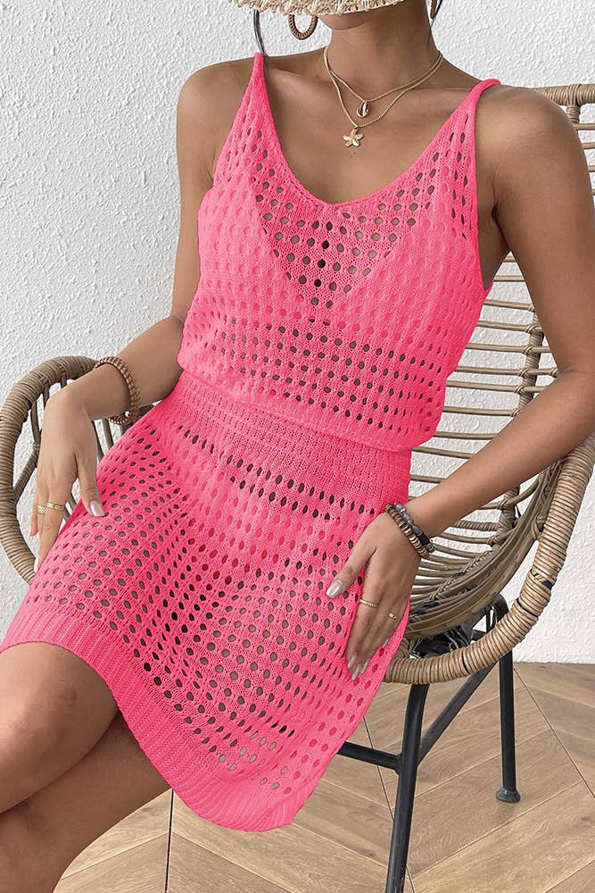 UNISHE - Wholesale Dress - Women's - Knit Waist-Tie Sleeveless Sexy Hollow-Out Beach Dress OYM15631