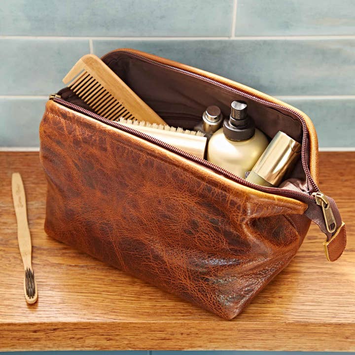 Distressed Leather Wash Bag - Handmade for wholesale by The Paper High Gift Company Limited