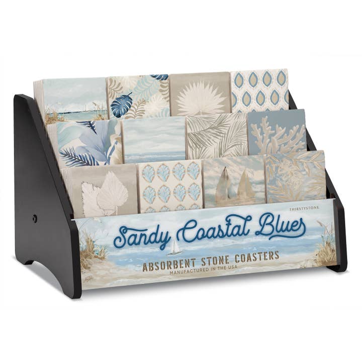 Sandy Coastal Blues Piastrella singola burattata pre-confezione con display per la vendita all'ingrosso da parte di CounterArt/Highland Home/Thirstystone