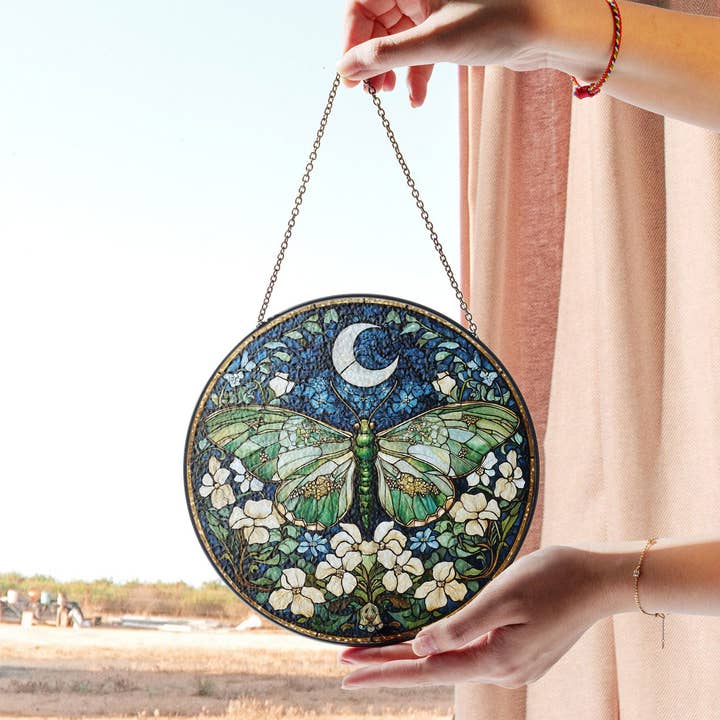 Lunar Moth and Moon Stained Glass Window Hanging Suncatcher for wholesale by TMLECOM LTD