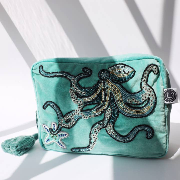 Velvet Beaded Turquoise Octopus Wash Bag for wholesale by Cream Cornwall