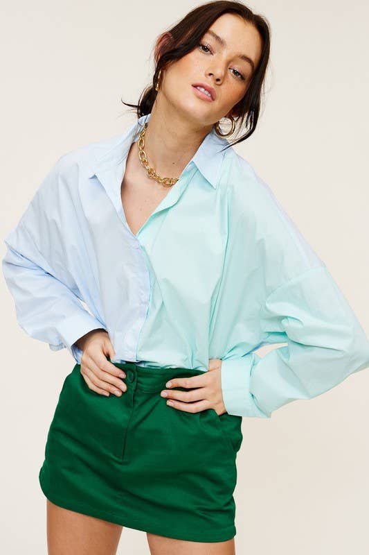 Mimosa - Wholesale Button Down Shirt - Women's - Color-Block Oversized Button Down Shirt1