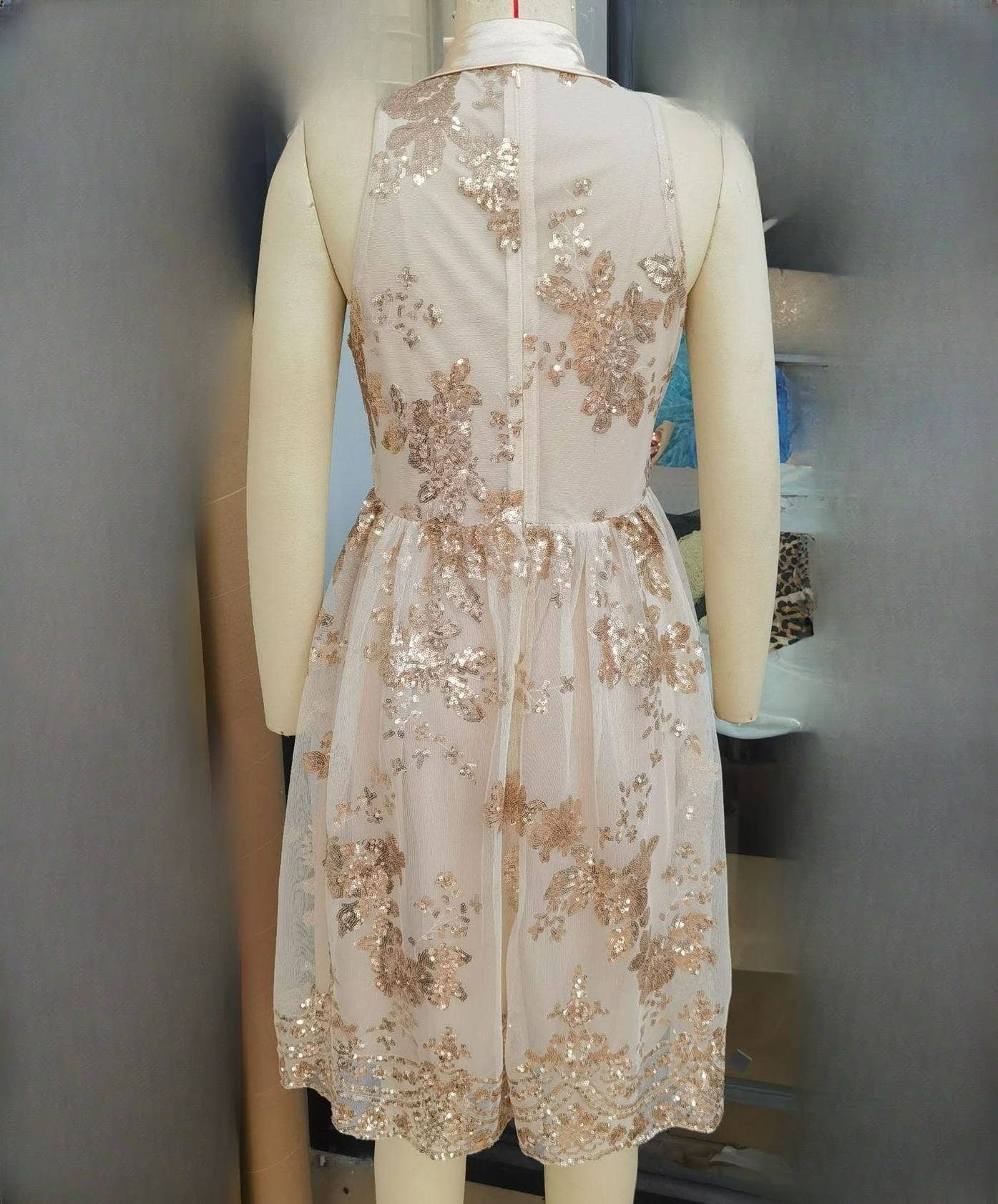 Champagn V-neck sleeveless swing sequin dress for wholesale on Faire4