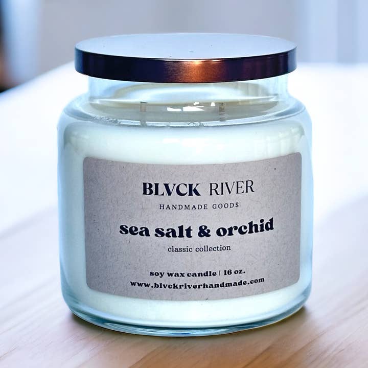 Sea Salt & Orchid 16 oz Soy Candle - Clear Apothecary Jar for wholesale by Black River Handmade Goods