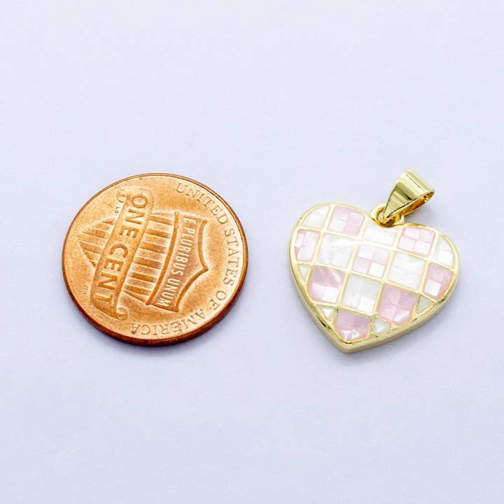 Aim Eternal - Wholesale Individual Charm/Pendant - 24K Gold Filled Pink-White Checkered Opal Heart Pendant | AA14532