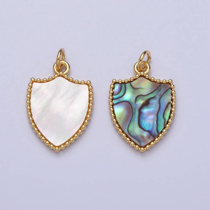 14K Gold Filled Shell Pearl, Abalone Family Crest Shield Charm E-540 E-543 for wholesale by Aim Eternal