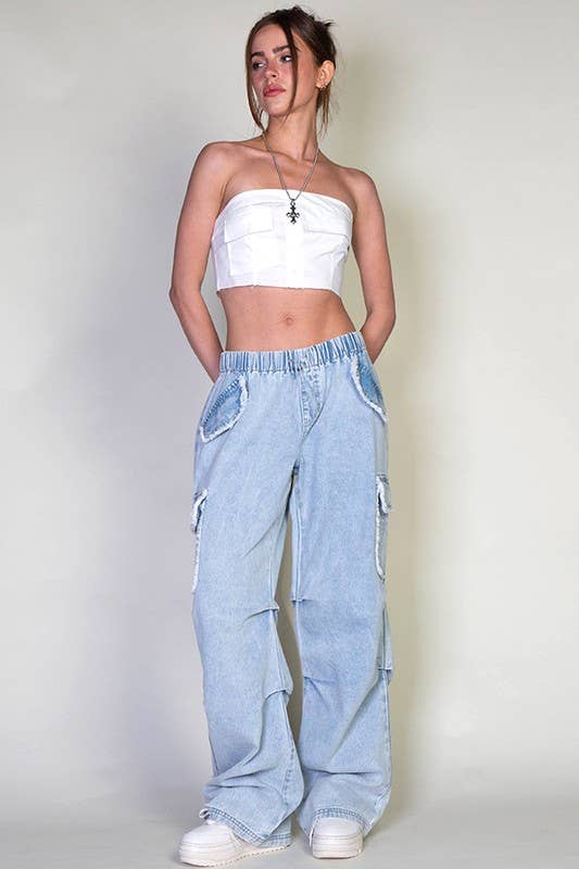 Light Wash Denim Cargo Pants With Pockets for wholesale on Faire6