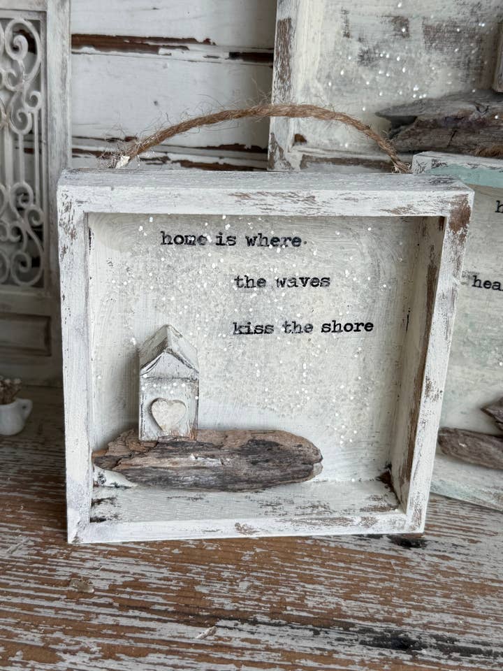 Driftwood Tiny House art shadowbox : Waves Kiss shore for wholesale by UnfiniSHEd
