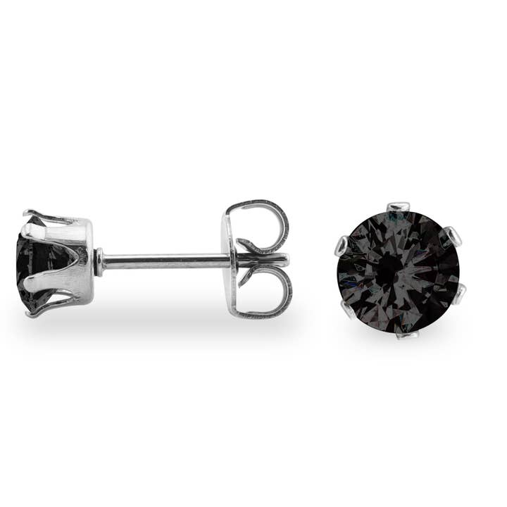 WJW - Wholesale Stud/Post Earrings - Black Stainless Steel Round CZ Stud Earrings