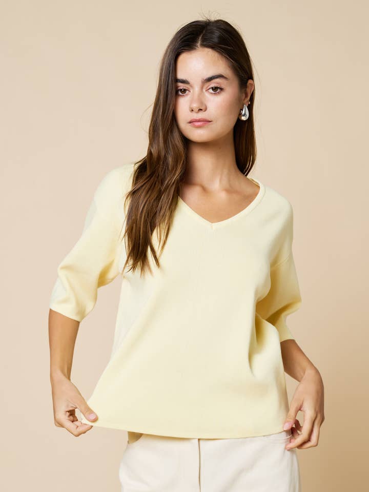 V Neck 1/2 Sleeve Knit Sweater Top for wholesale by Lalavon
