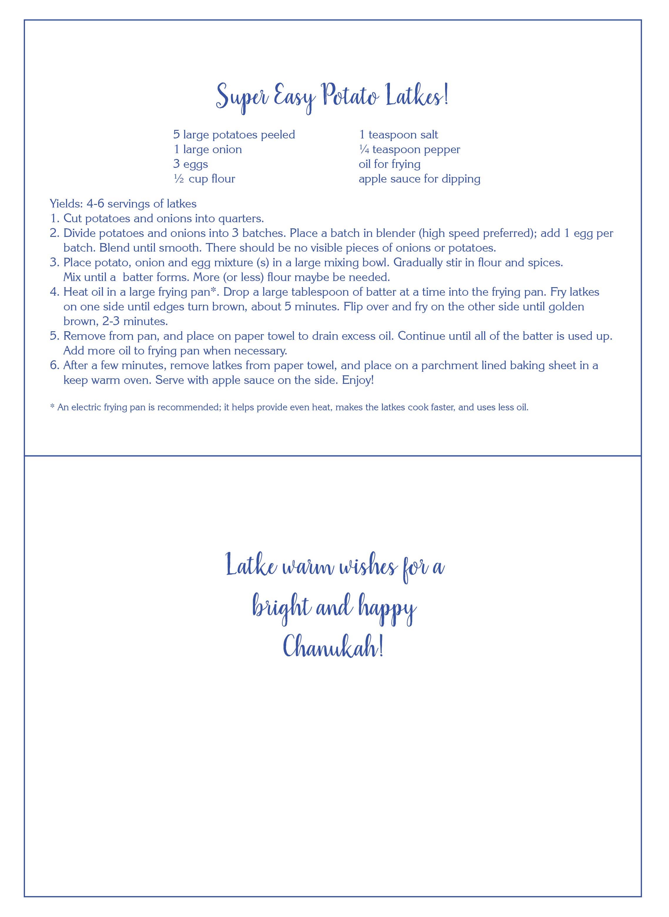 Another Creation by Michele Pulver, LLC - Wholesale Everyday Greeting Card - 1418_Latkas and a Schmear_Chanukah card with Recipe Latka2