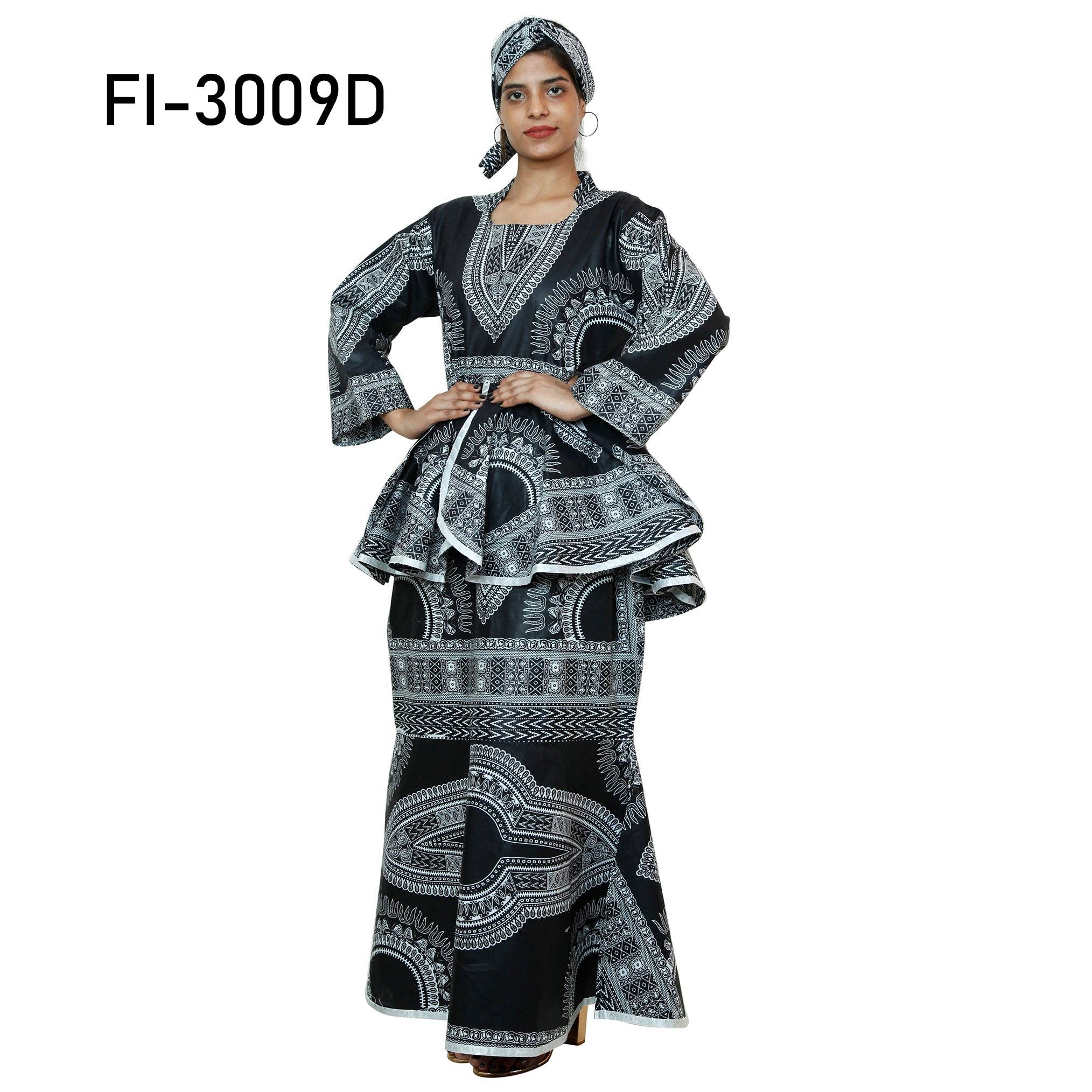 African Stars - Wholesale Top & Skirt Set - Women's - African Women's Dashiki Long Sleeve Peplum Skirt Set -- FI-3009D1