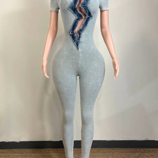 Mineral Wash Denim Safety Pin Detail Jumpsuit for wholesale by New Trend On