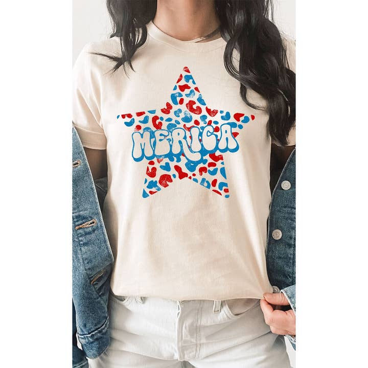 Leopard Merica Star Patriotic 4th of July Graphic Tee for wholesale by Kissed Apparel