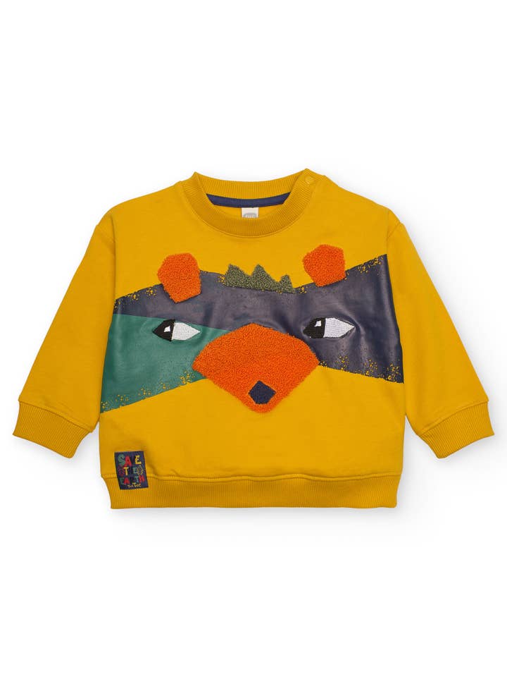 Boy's mustard fleece sweatshirt with 3D dinosaur design for wholesale by tuc tuc