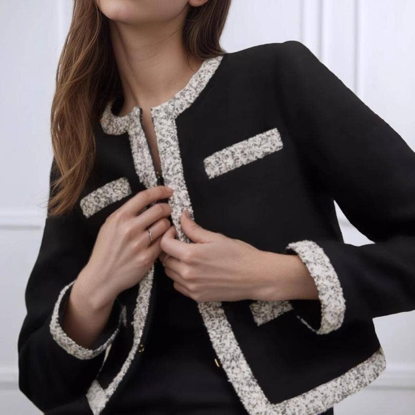 Noir Veste courte à bordure en tweed avec design ouvert à l'avant en vente sur Faire0