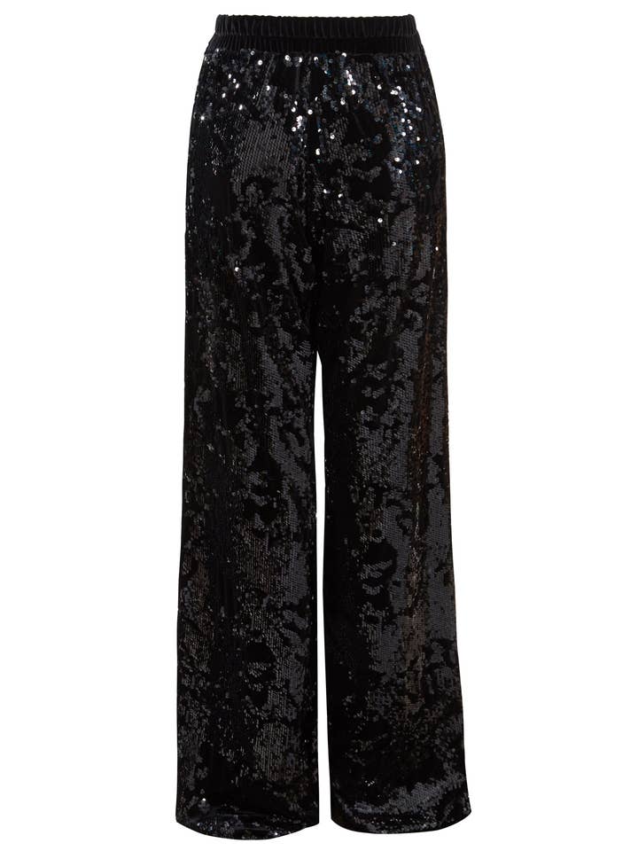 Preto La Mia - Calças de perna larga de veludo de lantejoulas pretas até o chão para venda a revendedores na Faire1