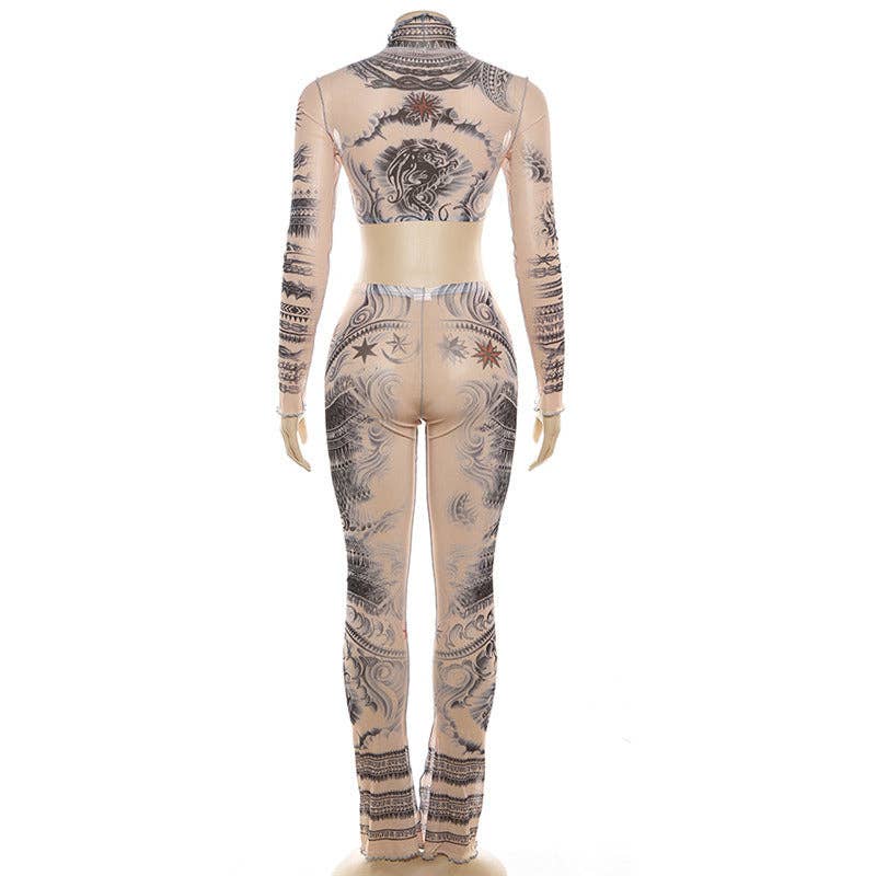 KHAKI MB FASHION TATTOO MESH CROP TOP LEGGING 2 PCS SET 1304LY for wholesale on Faire12