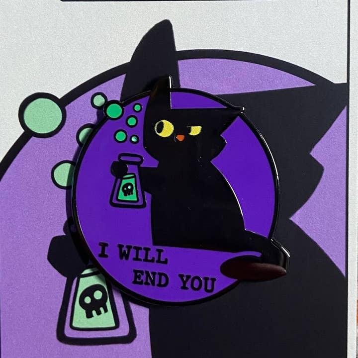 Murder Cat Enamel Pin for wholesale by Karen Hallion Illustration