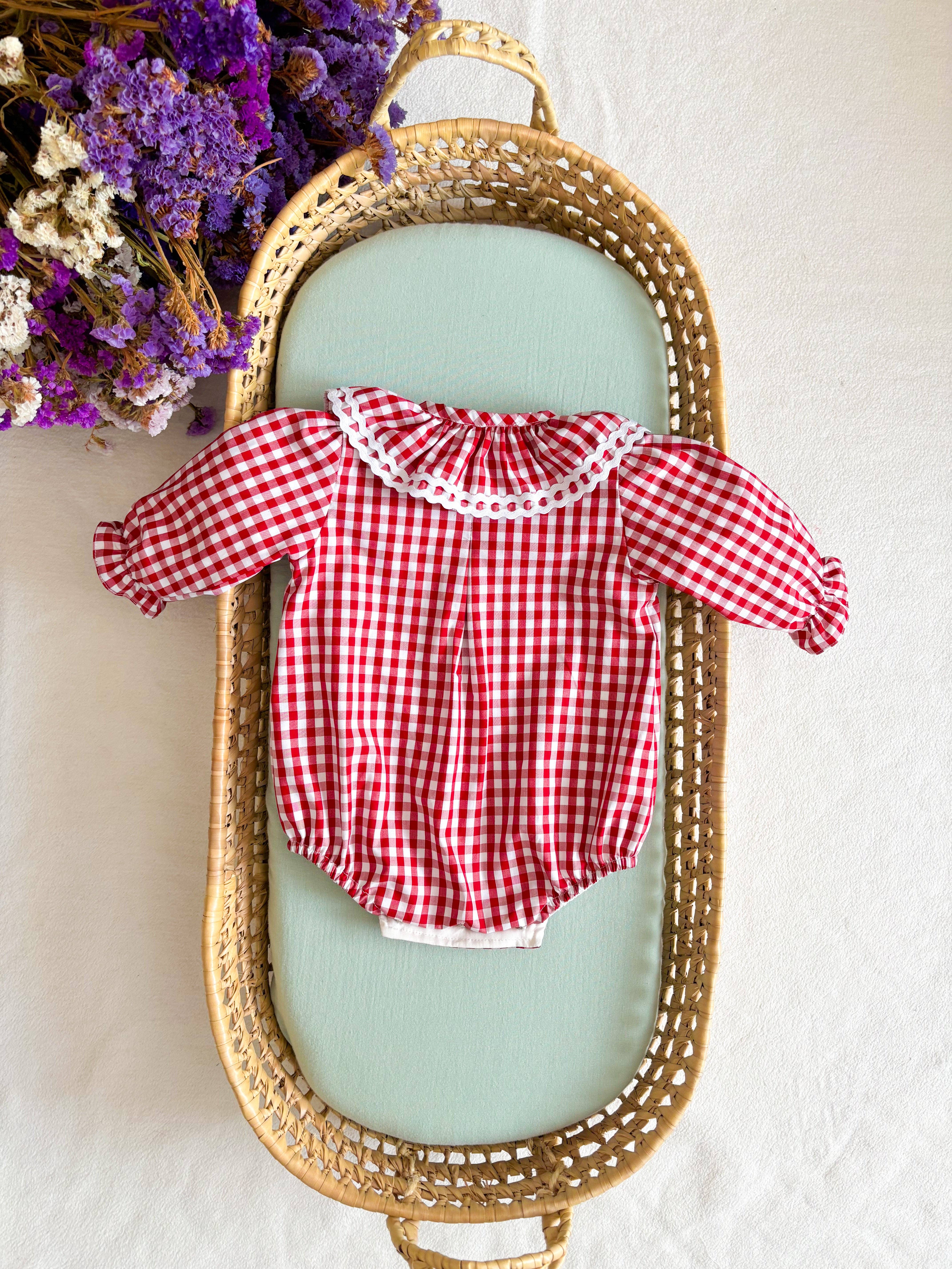 Maria Jasmim Baby & Child - Wholesale Bodysuit (Non-Footed) - Baby - Red Vichy Ruffle Trim2