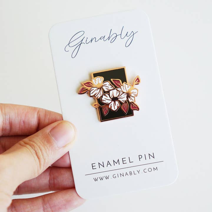 Black and White Floral Copper Plated Enamel Pin for wholesale by Ginably