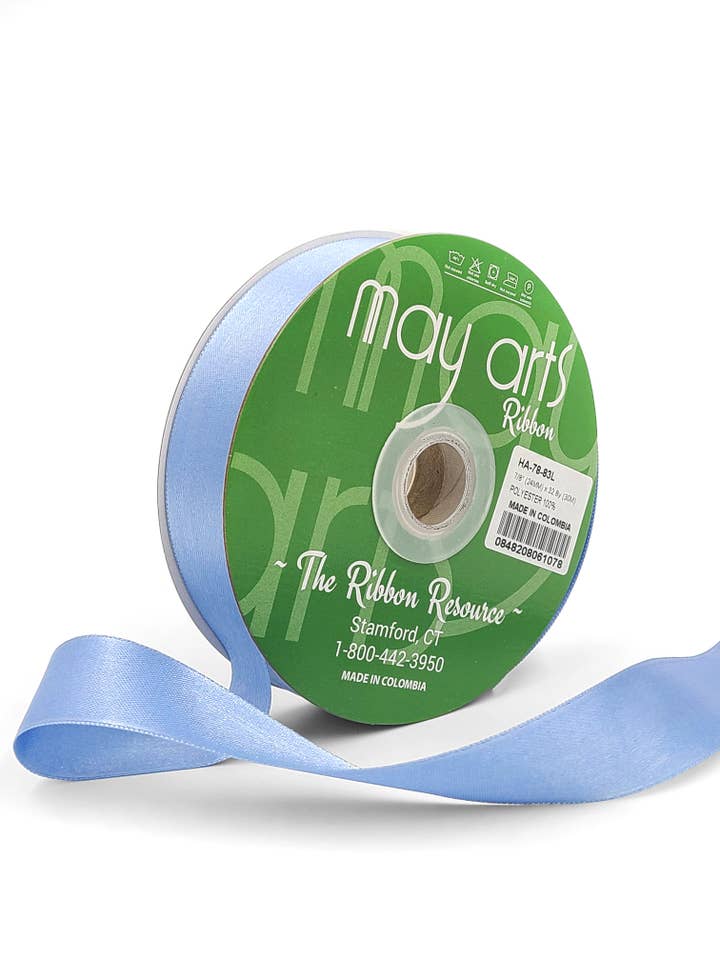 Ruban en satin double face lustré d'environ 7/8 po, bleu poussiéreux pour la vente par May Arts Ribbon