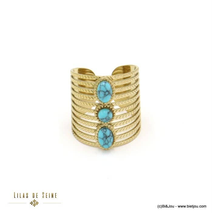Lilas de Seine – wholesale Cocktail/statement ring – Women's large openwork steel ring with 3 cabochon stone 04220440