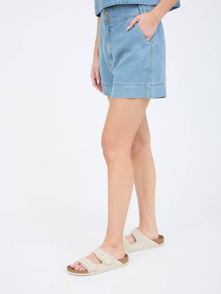 BLUE HIGH WAIST CHAMBRAY MINI SHORTS for wholesale on Faire