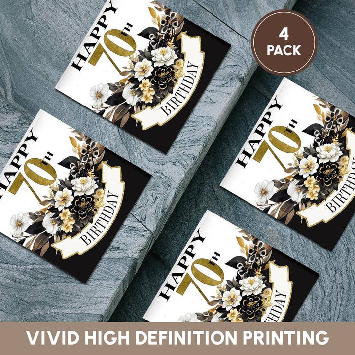 3dRose - Wholesale Coasters - 3dRose, Elegant Black and Image Of Gold Flowers Happy 70th Birthday, Coaster5