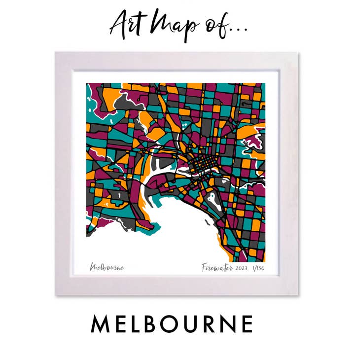 CARTE ARTISTIQUE DE MELBOURNE, AUSTRALIE - DESSINÉE À LA MAIN ET ÉDITION LIMITÉE pour la vente par Firewater Gallery