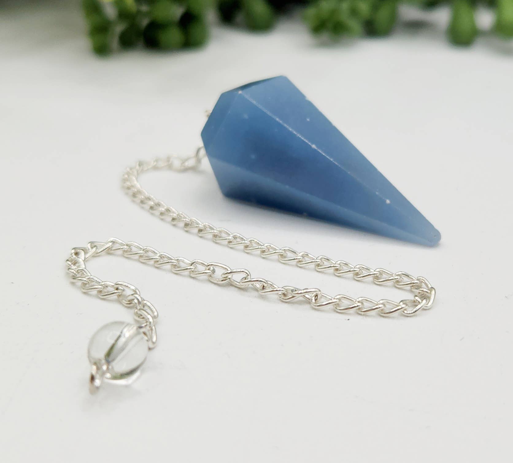 Meraki Gemstones - Vendita all'ingrosso Pietra/cristallo spirituale - Pendolo di Angelite con Catena Placcata in Argento e Perla di Quarzo Ialino5