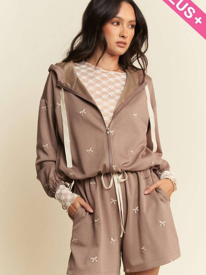 PLUS RIBBON EMBROIDERY ZIP UP HOODIE JACKET for wholesale by Davi & Dani