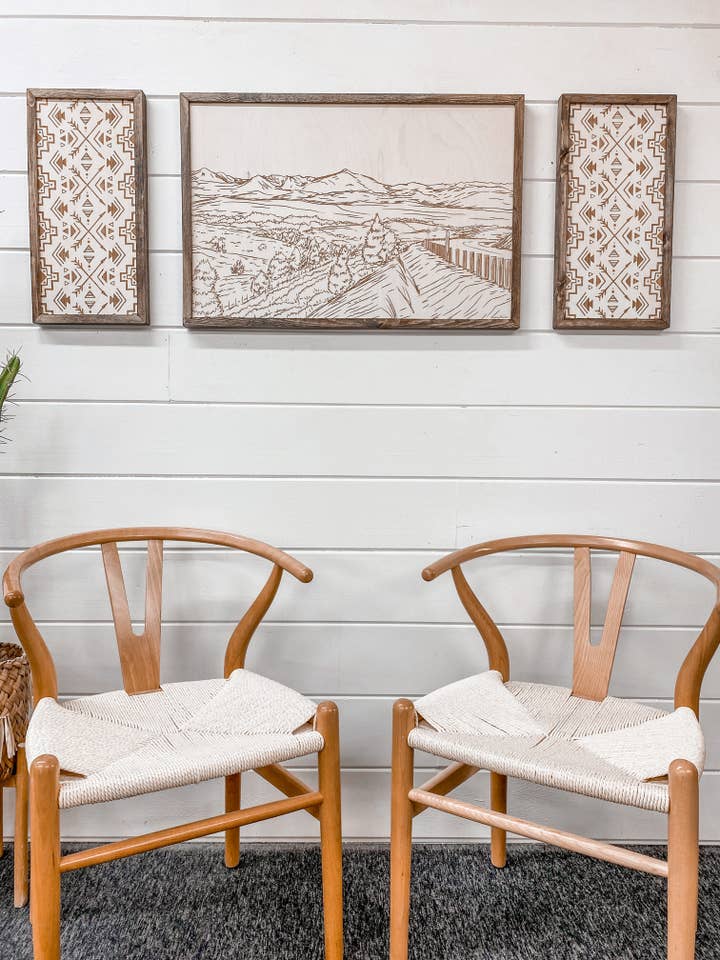 3 Piece Hand Sketched Strawberry Mountains Oregon with Aztec Wood Artwork for wholesale by Birch and Home Handmade