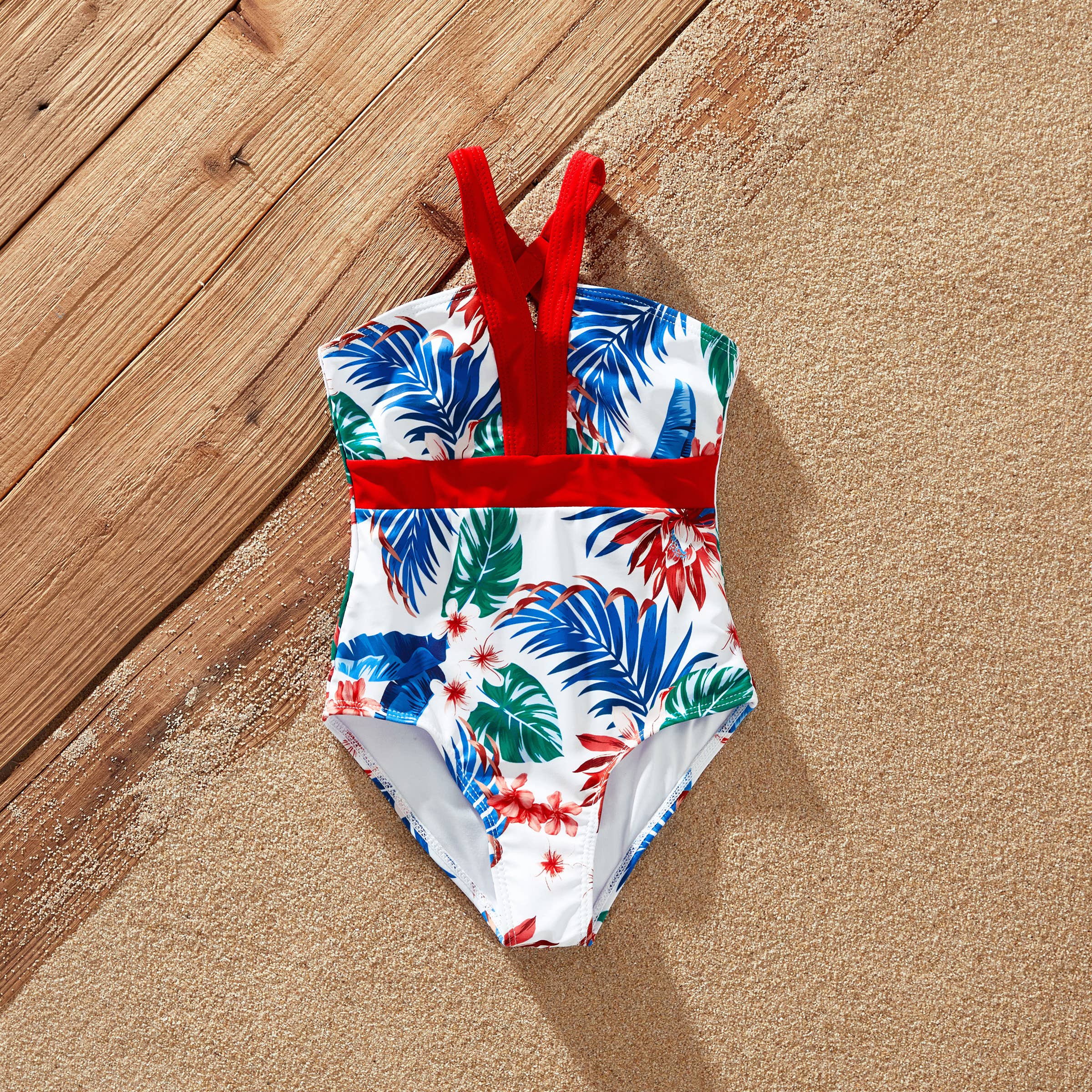 Red Matching Family Tropical Plant One-piece Swimsuit or trunks for wholesale on Faire1