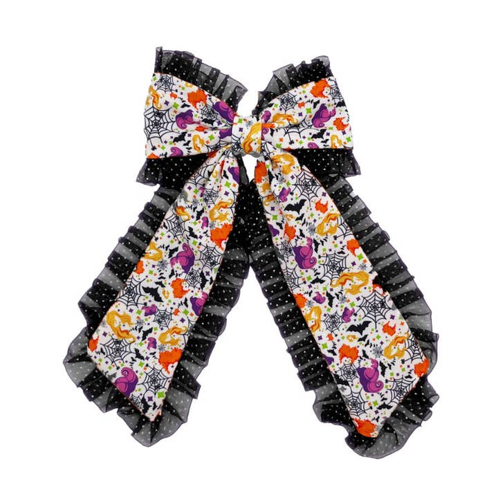 Lazo negro de Halloween con volantes y cola larga para el cabello con clip. para venta al por mayor de Pretty in Pink Bows