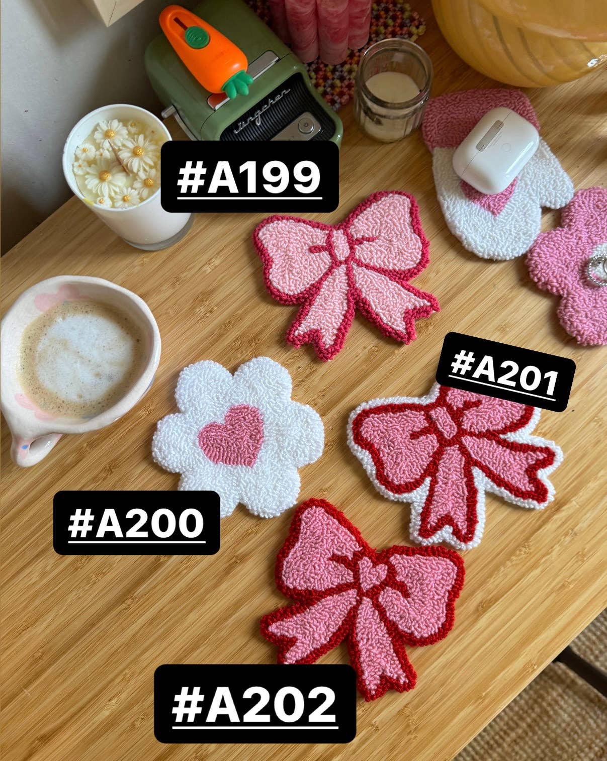 MUUDLAND - Wholesale Coasters - Pink Bows Coasters,Tufted Mug Rug Punch Needle Coaster4