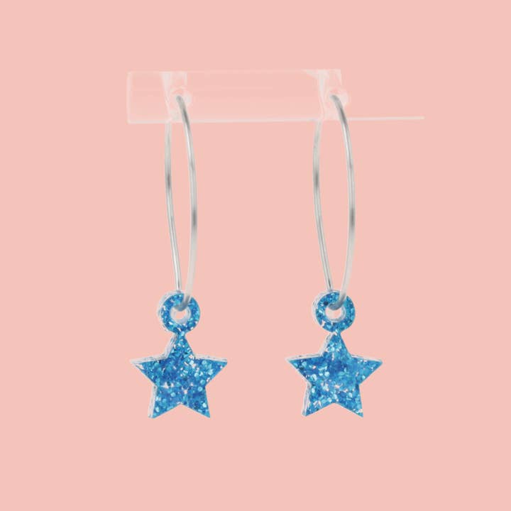 Mini Blue Glitter Star Hoop Earrings for wholesale by Sour Cherry