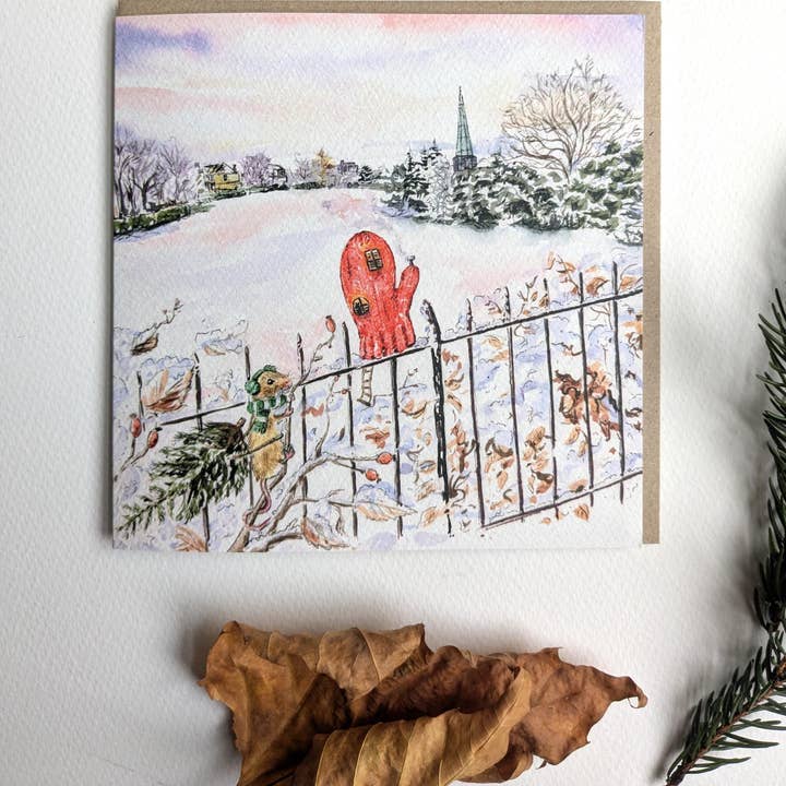 Christmas Mouse Mitten House Greeting Card Blank Inside for wholesale by Jessica Kendrew Fine Art