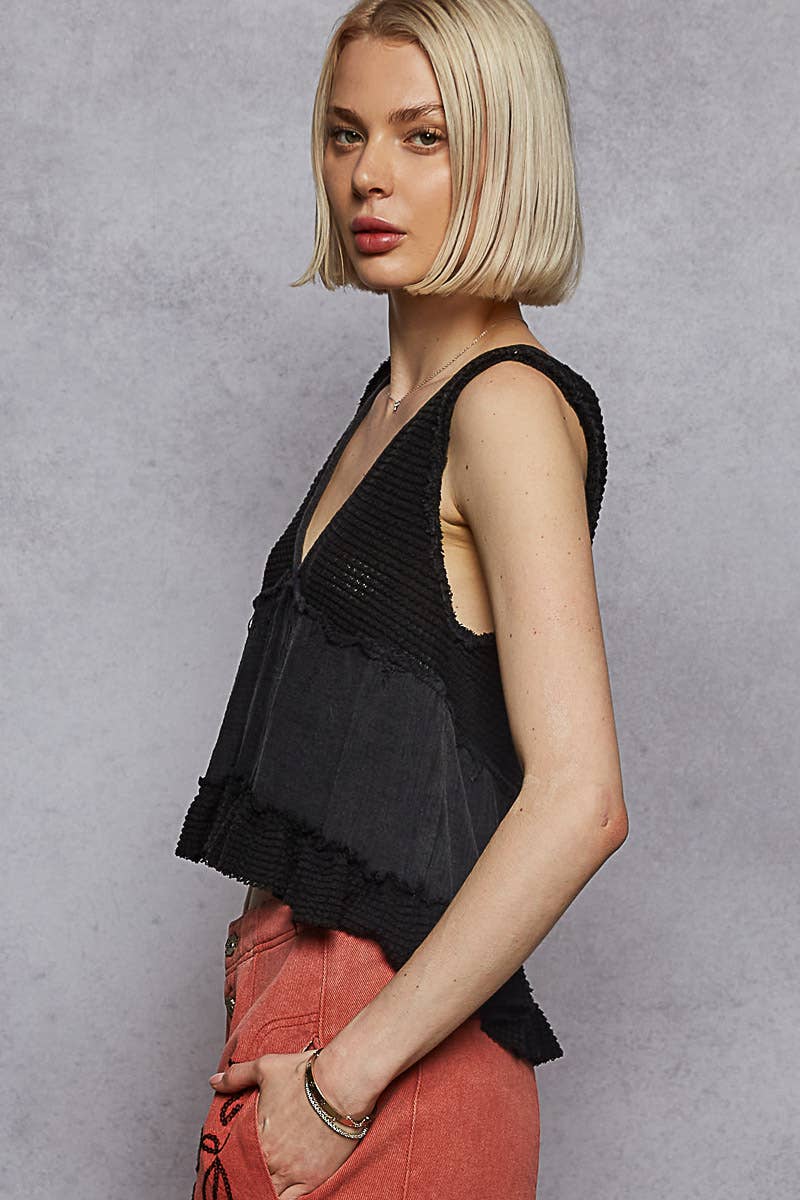 Pol Clothing - Wholesale Knit Top - Women's - Sleeveless contrast thermal cropped babydoll top SALE25