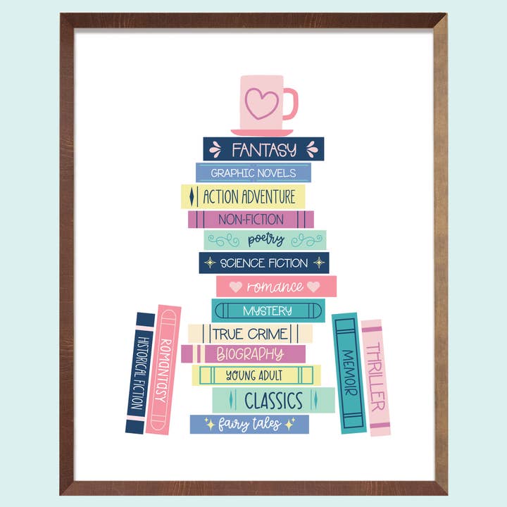 Book Genres Book Stack Art Print for wholesale by Chapter & Craft Studio