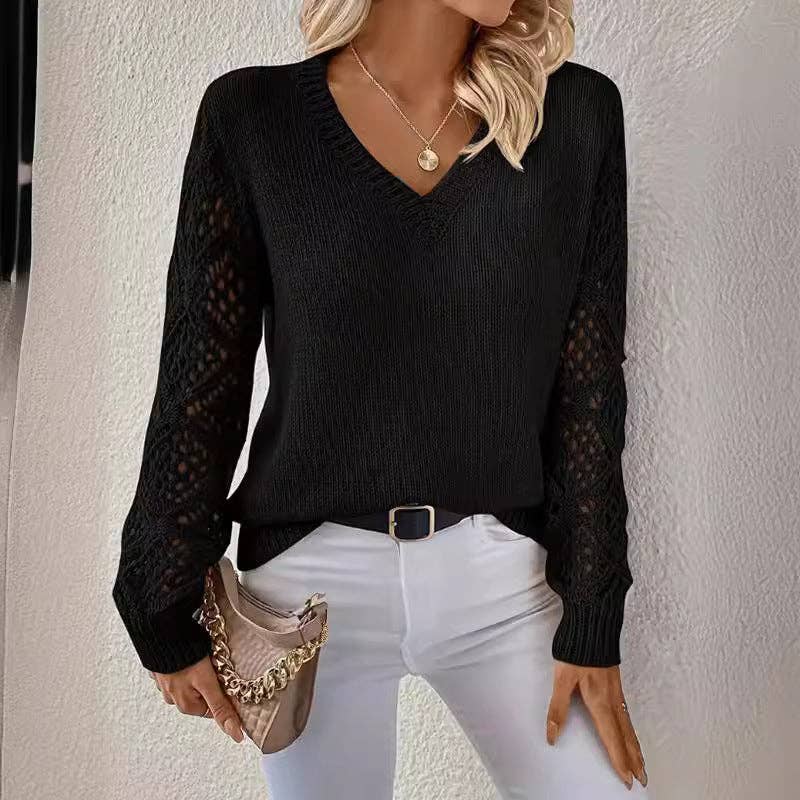 Masyal - Venta al por mayor Jersey de punto - Mujer - Suéter casual de mujer con cuello en V y mangas largas huecas5