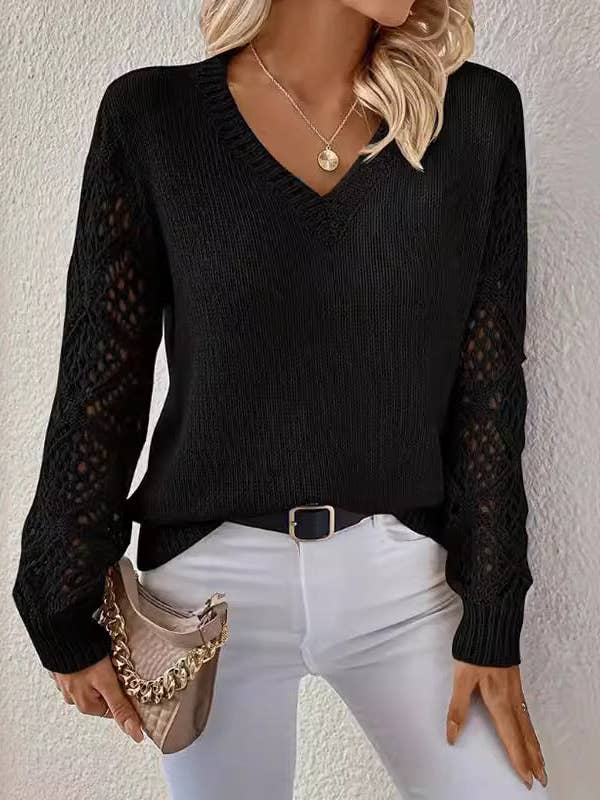 Masyal - Wholesale Knit Sweater - Women's - Women's V-Neck Hollow Long Sleeve Casual Sweater5