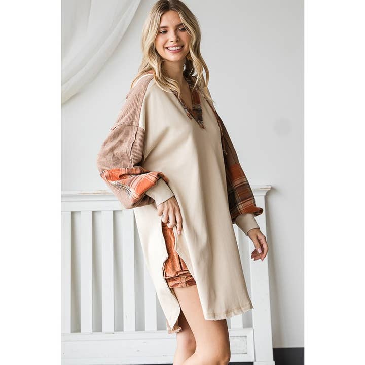 Oli&Hali - Wholesale Hoodie - Women's - PLAID CONTRAST HOODED FRENCH TERRY TUNIC TOP