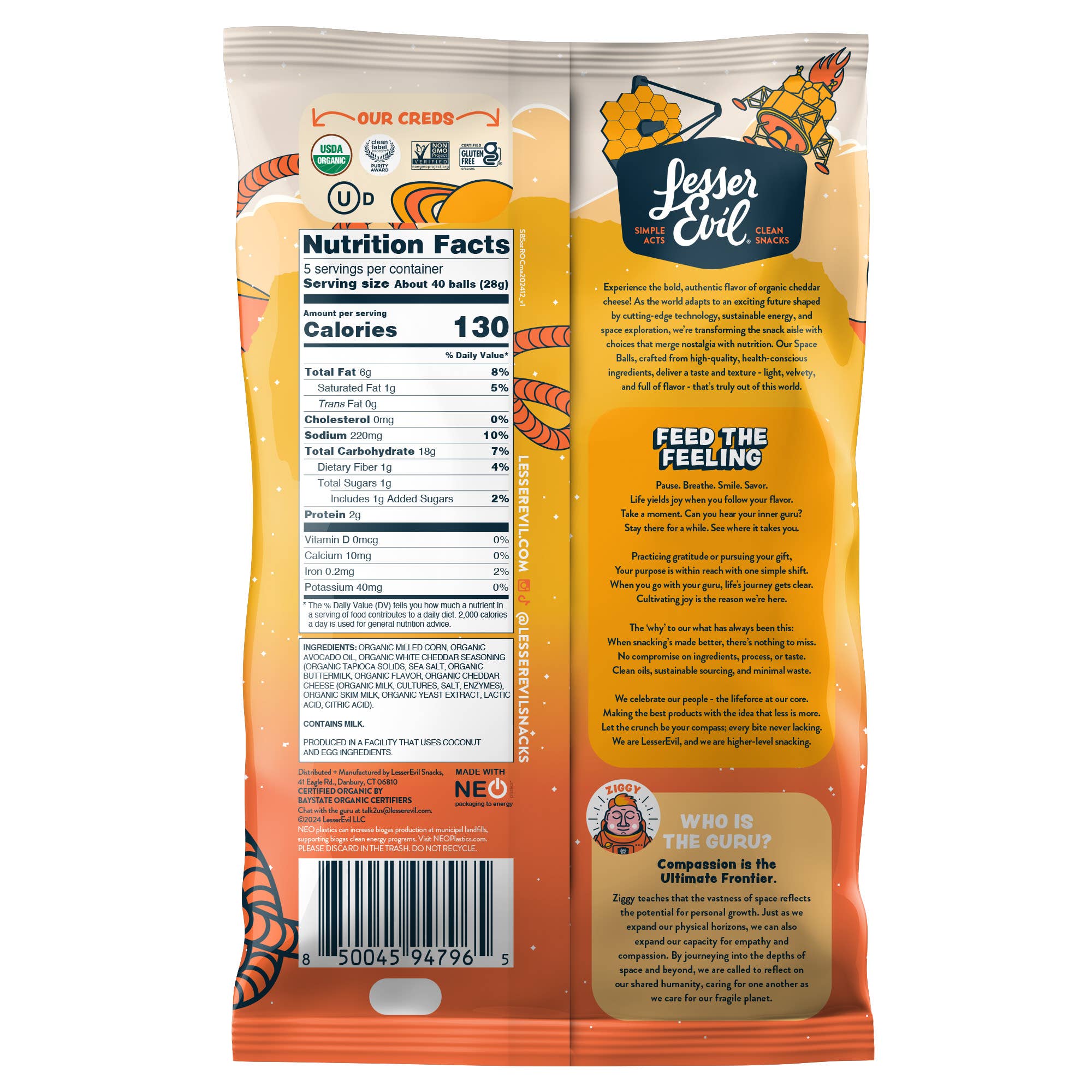 LesserEvil - Vente Encas soufflé - Space Balls, Fromage Réel 142g1