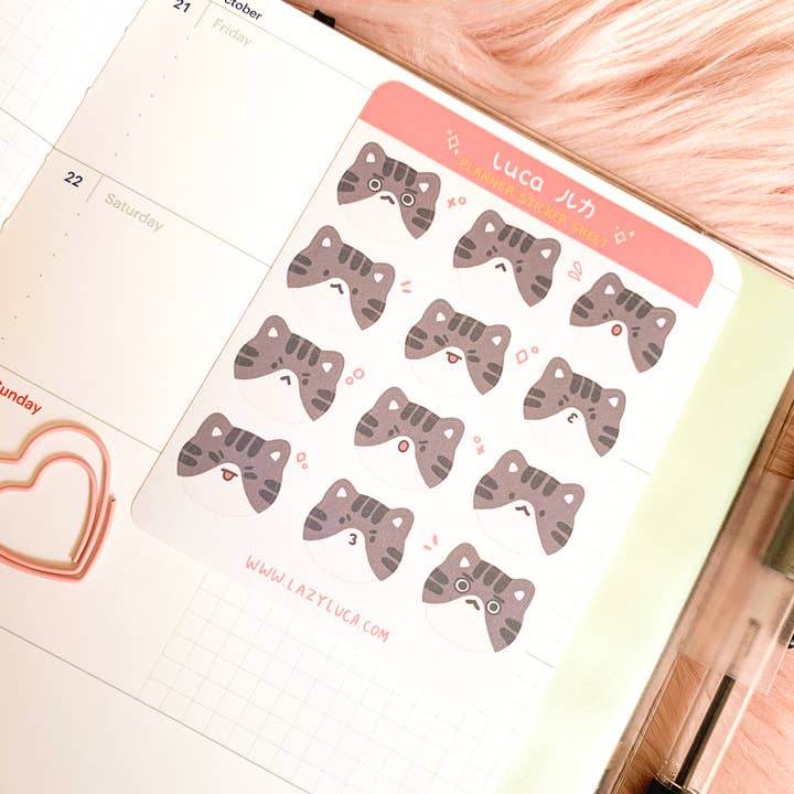 Luca Tabby Cat Planner Sticker Sheet for wholesale by Lazy Luca