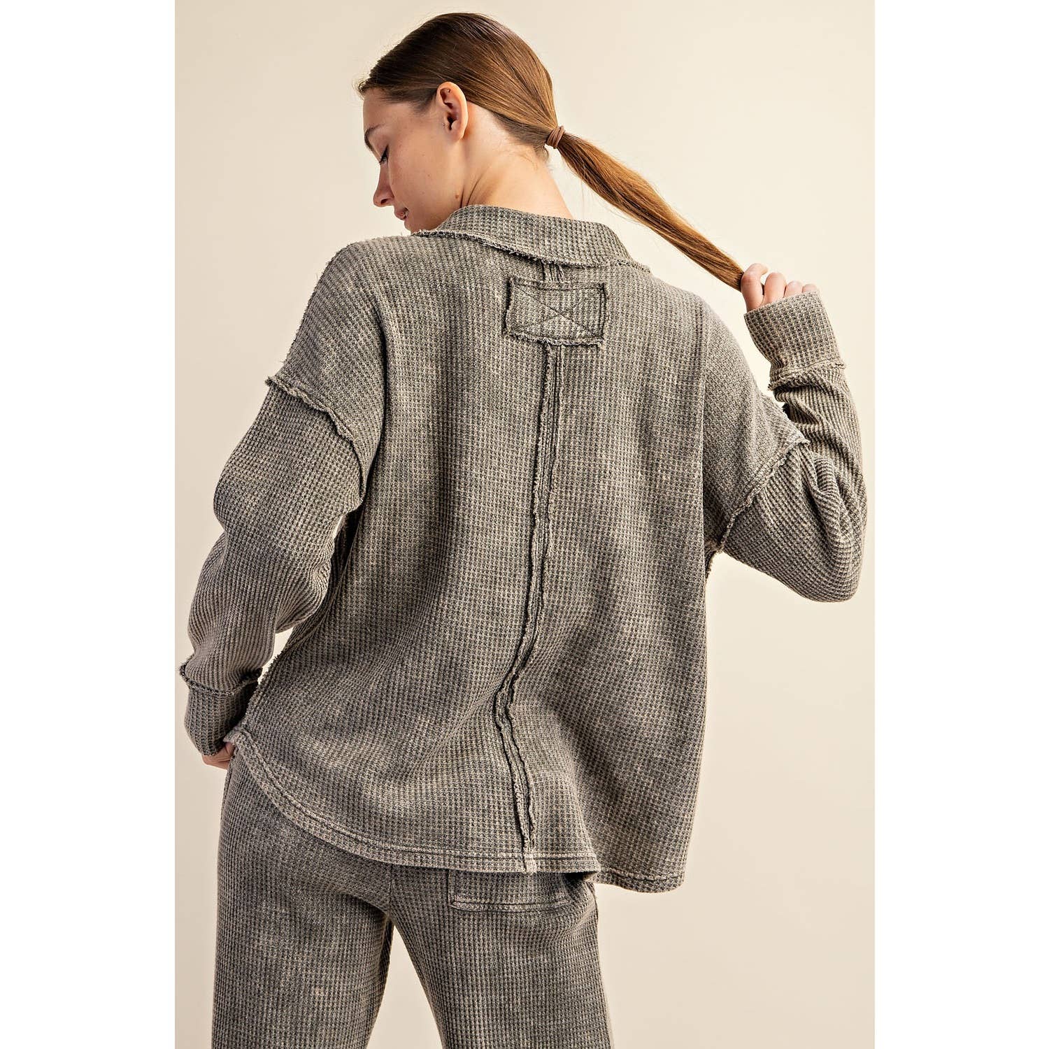 Rae Mode - Wholesale Athletic Top - Women's - MINERAL WASHED WAFFLE POLO SWEATSHIRT5
