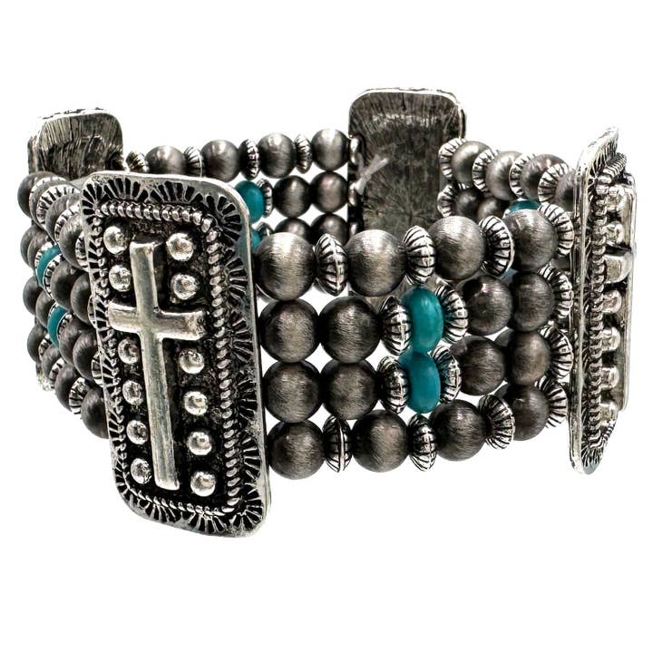 Rustic Cross Navajo Four Layered Bead Stretch Bracelet for wholesale by Lunar Deer